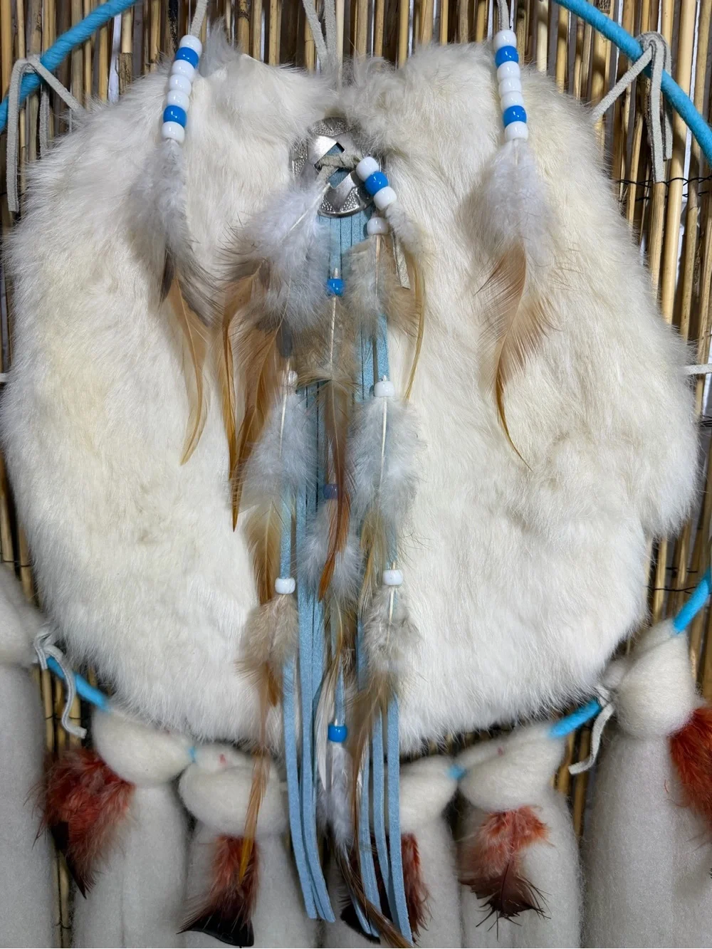 Vintage Large Native American Mandella Dream Catcher, Wool and Rabbit